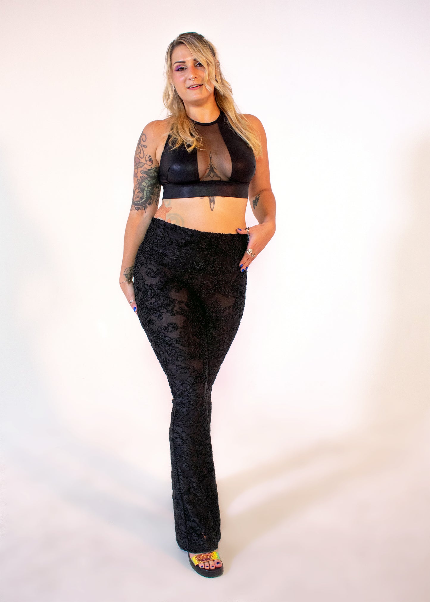 Burner Velvet Bellbottoms in Black Victorian Burnout