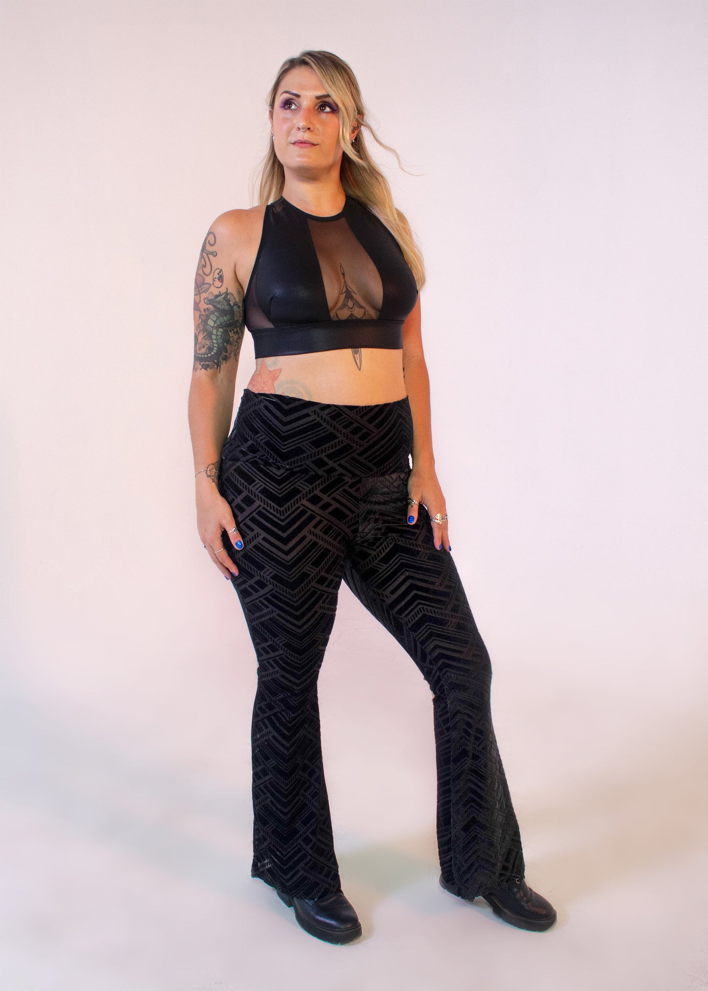 Burner Velvet Bellbottoms in Black Geo Burnout